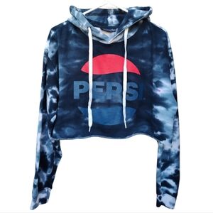 PEPSI Tie-Dye Blue & White Cropped Hooded Sweatshirt Size M/Talla